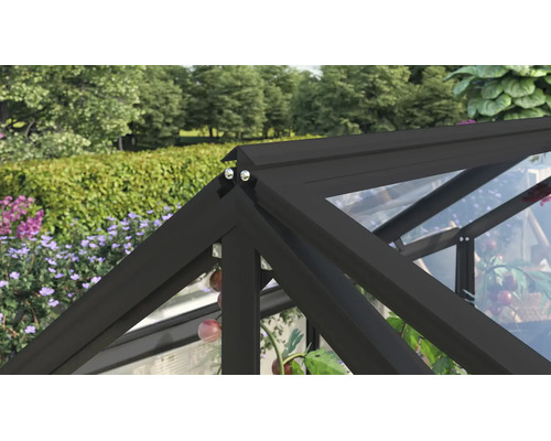 Vue détaillée du faîte d'une serre avec cadre en aluminium foncé et vitrage transparent devant un jardin.