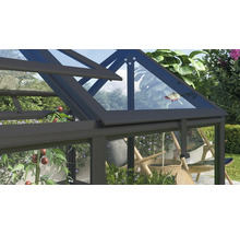 Vue détaillée d'une serre avec lucarne et vitres transparentes dans un jardin.