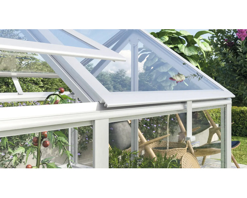 Geöffnetes Dachfenster eines Gewächshauses mit Aluminiumrahmen und Glasscheiben, mit Blick auf Gartenpflanzen und Tomaten.