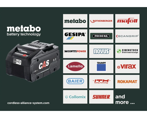 Metabo LiHD Akku mit Cordless Alliance System Logo und Logos der beteiligten Partnermarken.