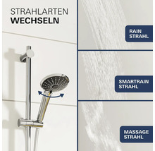 Duschbrause mit verstellbaren Strahlarten Rain, Smartrain und Massagestrahl an einer Duschstange.