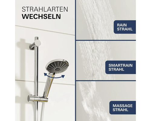 Duschbrause mit verstellbaren Strahlarten Rain, Smartrain und Massagestrahl an einer Duschstange.