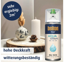 belton free Aqua Colours Sprühlack in reinweiß matt mit hoher Deckkraft und Witterungsbeständigkeit zur Dekoration auf einer Holzscheibe.