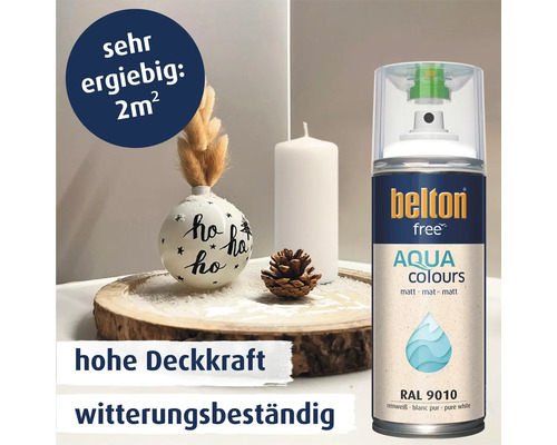 belton free Aqua Colours Sprühlack in reinweiß matt mit hoher Deckkraft und Witterungsbeständigkeit zur Dekoration auf einer Holzscheibe.