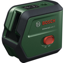Laser croix Bosch UniversalLevel 2 avec interrupteur marche et arrêt et bouton de sélection de mode pour un nivellement précis lors du bricolage.