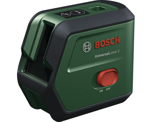 Laser croix Bosch UniversalLevel 2 avec interrupteur marche et arrêt et bouton de sélection de mode pour un nivellement précis lors du bricolage.