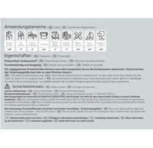 Produktinformationen und Anwendungshinweise für Polyurethan Schaumstoff mit Sicherheits- und Gebrauchsangaben sowie Symbolen.