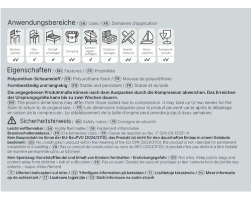 Produktinformationen und Anwendungshinweise für Polyurethan Schaumstoff mit Sicherheits- und Gebrauchsangaben sowie Symbolen.