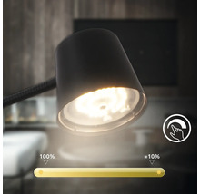Lampe de bureau LED dimmable avec commande tactile et indication des niveaux de luminosité de 10 pour cent à 100 pour cent.