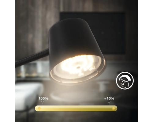 Lampe de bureau LED dimmable avec commande tactile et indication des niveaux de luminosité de 10 pour cent à 100 pour cent.