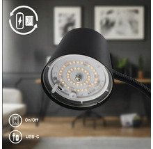 Lampe de bureau LED rechargeable avec batterie intégrée, interrupteur marche arrêt et port de charge USB C dans un salon