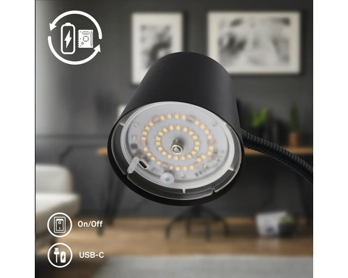 Lampe de bureau LED rechargeable avec batterie intégrée, interrupteur marche arrêt et port de charge USB C dans un salon