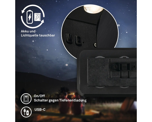 Wandleuchte mit austauschbarem Akku und Leuchtmittel, USB-C Anschluss und Tiefentladeschutzschalter vor einem Sternenhimmel bei Nacht.