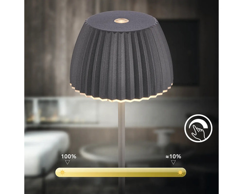 Moderne LED Tischleuchte mit plissiertem Schirm und stufenloser Touch Dimmfunktion von 10 bis 100 Prozent Lichtintensität.