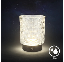 Dekorative LED Tischleuchte aus Glas mit strukturierter Oberfläche und spritzwassergeschütztem IP44 Gehäuse für den Innen und Außenbereich.