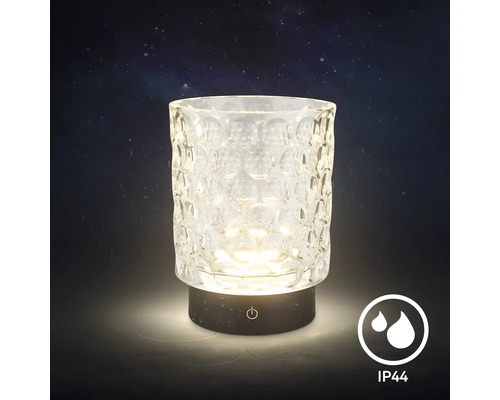 Dekorative LED Tischleuchte aus Glas mit strukturierter Oberfläche und spritzwassergeschütztem IP44 Gehäuse für den Innen und Außenbereich.