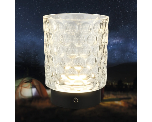 Tragbare LED Tischleuchte aus Glas mit Wabenmuster auf einem Sockel mit Touchschalter.