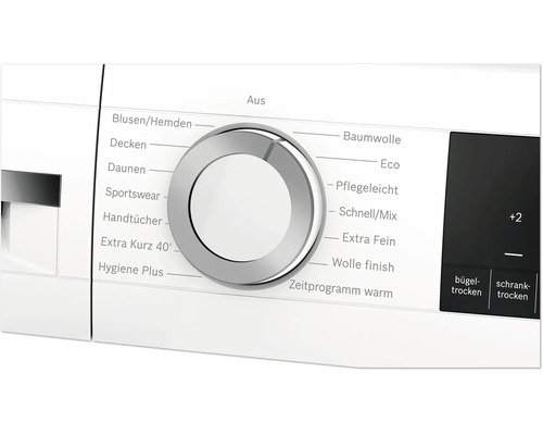 Panneau de commande d'un sèche-linge avec sélecteur rotatif pour divers programmes de séchage et écran tactile pour les niveaux de séchage