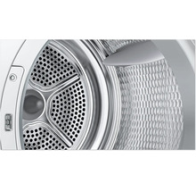 Vue détaillée du tambour en acier inoxydable d un sèche linge avec surface perforée et aubes de brassage.