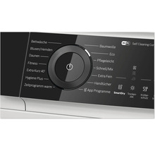 Panneau de commande d'un sèche linge avec bouton marche arrêt central, sélection de programmes et fonction Wi-Fi.