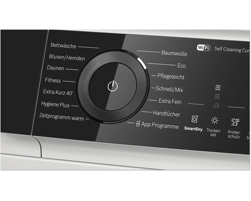 Panneau de commande d'un sèche linge avec bouton marche arrêt central, sélection de programmes et fonction Wi-Fi.
