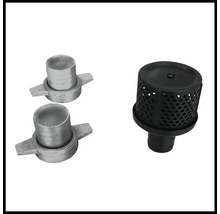 Set comprenant deux raccords de tuyau en métal et un filtre d aspiration en plastique comme accessoires pour pompes de jardin