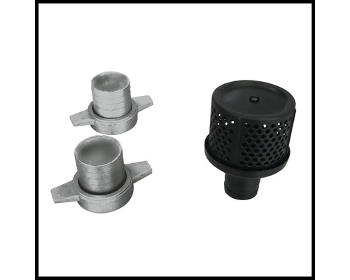 Set comprenant deux raccords de tuyau en métal et un filtre d aspiration en plastique comme accessoires pour pompes de jardin