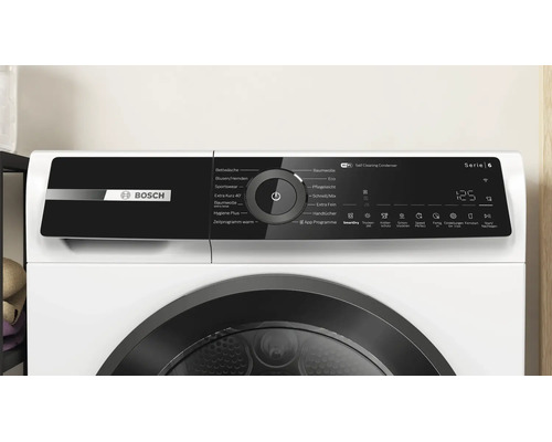 Panneau de commande d un sèche linge Bosch Serie 6 avec affichage numérique, sélecteur de programme et symbole Wi-Fi.