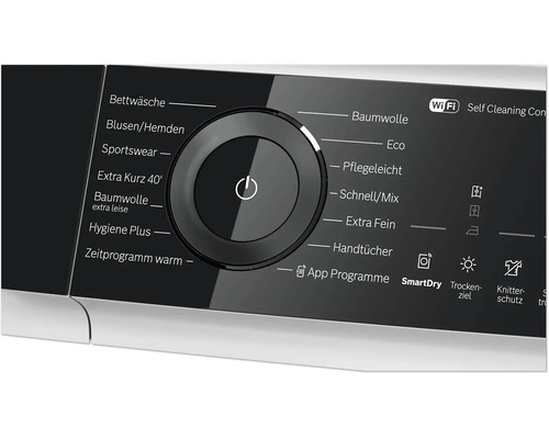 Panneau de commande d un sèche linge avec sélecteur de programme et affichage numérique pour divers programmes de séchage et fonction wifi.