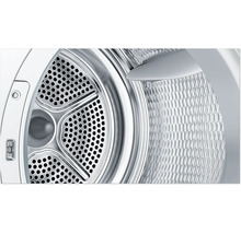 Vue intérieure du tambour en acier inoxydable d'un sèche-linge avec paroi arrière perforée et aube de brassage.