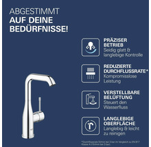 Mitigeur de lavabo Grohe avec représentation graphique des avantages produit tels que contrôle précis, débit réduit et surface durable.