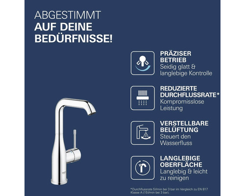 Mitigeur de lavabo Grohe avec représentation graphique des avantages produit tels que contrôle précis, débit réduit et surface durable.