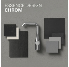 Mitigeur de lavabo Essence Design chromé avec échantillons de matériaux pour aménagement de salle de bain