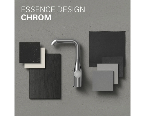 Mitigeur de lavabo Essence Design chromé avec échantillons de matériaux pour aménagement de salle de bain