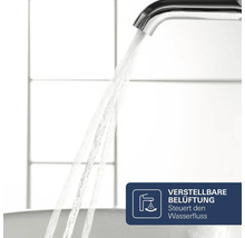 Robinet avec eau courante et icône indiquant un aérateur réglable pour contrôler le débit d'eau.
