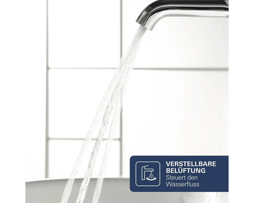 Robinet avec eau courante et icône indiquant un aérateur réglable pour contrôler le débit d'eau.