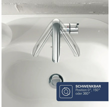 Mitigeur de lavabo vu de dessus avec bec pivotant en position 0 degrés 150 degrés ou 360 degrés au-dessus d un lavabo.