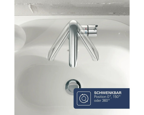 Mitigeur de lavabo vu de dessus avec bec pivotant en position 0 degrés 150 degrés ou 360 degrés au-dessus d un lavabo.