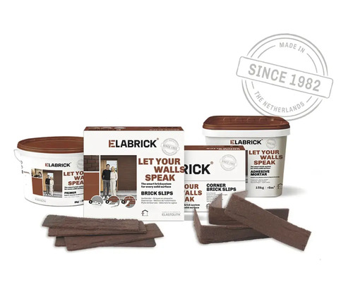 Kit de plaquettes de parement Elabrick avec mortier adhésif, primaire, plaquettes d'angle et plaquettes plates pour revêtement mural.