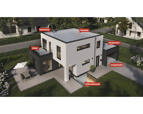 Visualisierung eines modernen Wohnhauses mit Flachdach, Schornstein, Balkon, Garage und Kelleraußenwand als anschauliche Bauwerksübersicht.