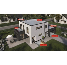 Visualisierung eines modernen Wohnhauses mit Flachdach, Schornstein, Balkon, Garage und Kelleraußenwand als anschauliche Bauwerksübersicht.