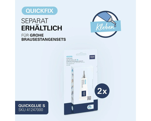 Kit de colle Grohe QuickGlue S pour barres de douche en emballage blister incluant deux tubes de colle et accessoires de montage sans perçage