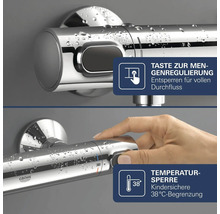 Mitigeur thermostatique Grohe avec poignée de débit et verrouillage de sécurité à 38 degrés Celsius.