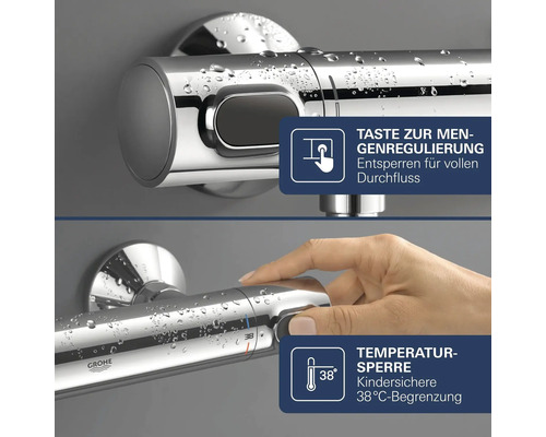 Mitigeur thermostatique Grohe avec poignée de débit et verrouillage de sécurité à 38 degrés Celsius.
