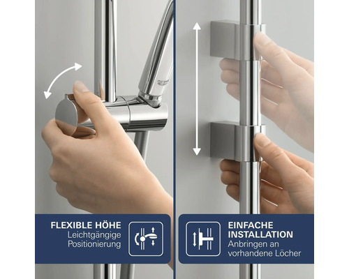 Barre de douche Grohe avec réglage en hauteur flexible et installation facile sur des trous existants