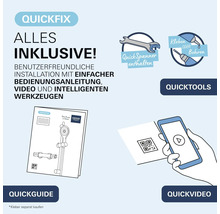 Infographie du système d installation Grohe QuickFix avec QuickSpanner, guide d installation, code QR pour vidéo et option collage ou perçage.