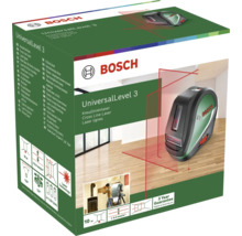 Laser lignes en croix Bosch UniversalLevel 3 dans son emballage avec visuel du produit et informations techniques.