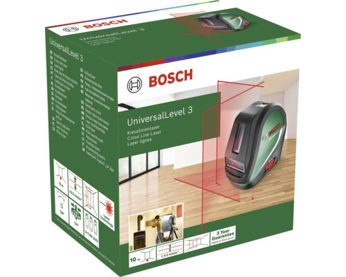 Laser lignes en croix Bosch UniversalLevel 3 dans son emballage avec visuel du produit et informations techniques.