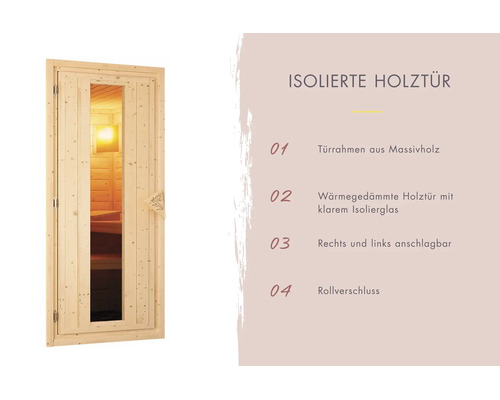 Porte de sauna isolée en bois avec cadre en bois massif, vitre isolante et fermeture à galet, réversible droite ou gauche.