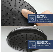 Duschkopf mit Silikondüsen zur einfachen Reinigung und stoßfestem Silikonring zum Schutz vor Beschädigungen.